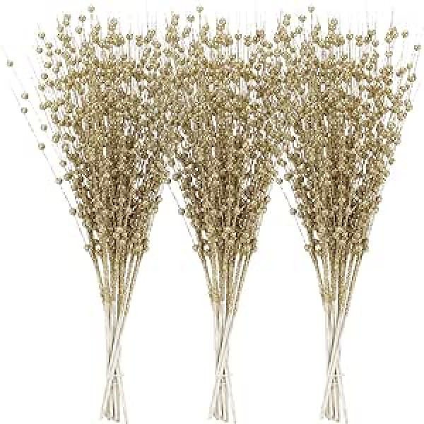 Sea Team 24-Pack Artificial Glitter Berry Stem Ornaments, Decorative Bead Sticks, Glitter Branches, Picks, Branches for Christmas Tree, Small Vase, Holiday, Wedding, Party