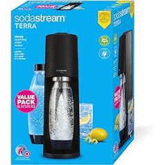 sodastream Terra Value Pack x2 ūdens karbonāts ar 2 trauku mazgājamām mašīnām drošām pudelēm, 1 litrs un 1 cilindra CO2 ātrais savienojums līdz 60 l, matēts melns