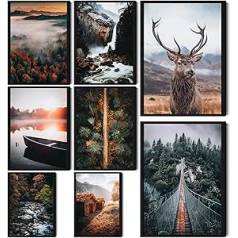 HappyArts® Premium plakātu komplekts ar 8 attēliem Dzīvojamās istabas dekorēšana Guļamistaba Dabiskā brieža kolāža Meža ezera kalni (bez rāmja)