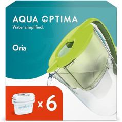 Aqua Optima Oria ūdens filtra krūze un 6 x 30 dienu Evolve+ ūdens filtra kasetne, 2,8 litru ietilpība mikroplastmasas, hlora, kaļķakmens un piemaisījumu samazināšanai — zaļa