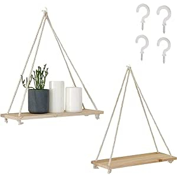 Hanging Shelves for Wall (Set of 2 with Hooks), Wooden Rope Shelves, Wall Shelves, Macrame Shelves, Floating Shelves, Swing Shelf Made of Rustic Recycled Wood, Boho White Shelves for Indoor Use