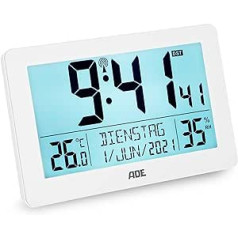ADE Digital XL Radio-Controlled Clock with Very Large Numbers, Table Clock with 2 Alarm Times and Lighting, Thermometer & Hygrometer, Battery Operated, Clock for Standing, Narrow White Frame