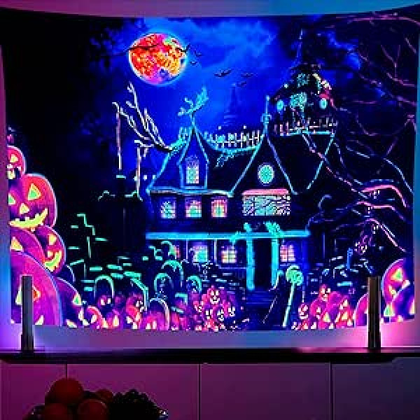 OSVINO Black Light Castle Gobelēns 150 x 200 cm Ķirbji Sikspārņi Mēness Psihedēlisks Gobelēns Halovīni Lieldienu Neona Gobelēns Guļamistabas viesistabas Hipiju istabas dekors