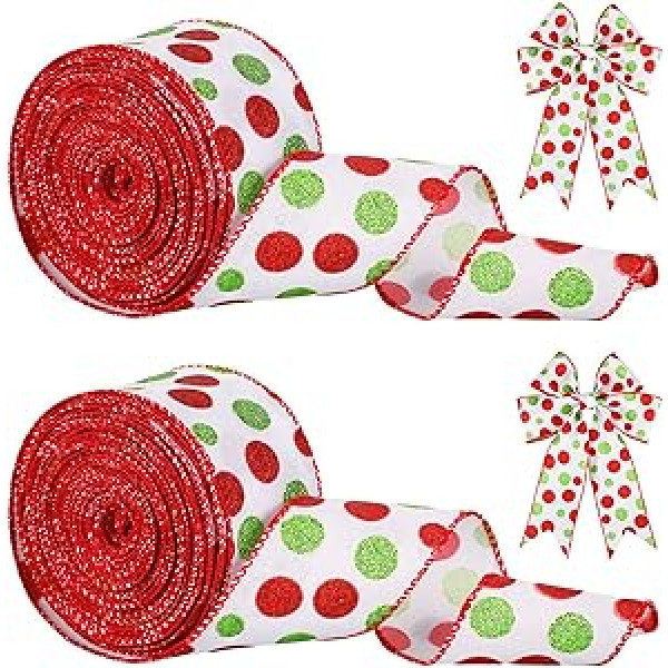 2 Rolls Christmas Glitter Dot Wired Edge Ribbons Green Red Dot Ribbons Polka Dot Printed Hessian Decorative Ribbons for DIY (White Base, 2.5 Inches x 25 Yards per Roll)