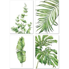 A&M Natural Living Botanical Prints, 4 pack Botanical Art Prints Neierāmēti Akvareļi Zaļi Botāniski Plakāti Lapu attēli Sienu māksla Mājas apdare Vannas istaba Virtuve Dzīvojamās istabas lapu izdrukas (A3)