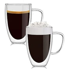 Latte Macchiato dubultsienu glāzes ar rokturi, 2 450 ml borsilikāta glāzes komplekts, kafijas glāze, tējas glāzes kapučīno pagatavošanai, saldējums, piens, alus, termiskās glāzes, tējas glāze, dubultsienu,