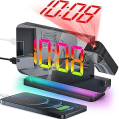 SZELAM projekcijas modinātājs, 7,4 collu digitālie spoguļpulksteņi, ar 180° rotējošu projektoru, RGB nakts gaisma, USB C uzlādes pieslēgvieta, automašīnas dimmer, LED galda pulkstenis guļamistabai — melns