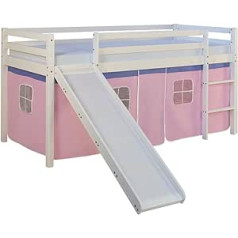Homestyle4u 1543 Children's Cabin Bed with Slide, Ladder, Pink Rose Curtain, Solid Pine Wood, White, 90 x 200 cm