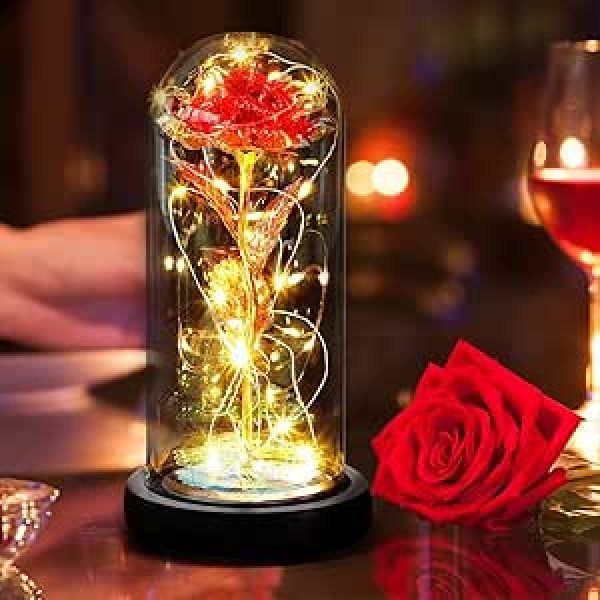 Punvot Rose Eterna, Eternal Rose in Glass Gift for Women, Rose Eternal Flower, Beauty and the Beast Rose in Glass Dome with LED Gifts for Mother's Day Girlfriend Mum Birthday Wedding Anniversary