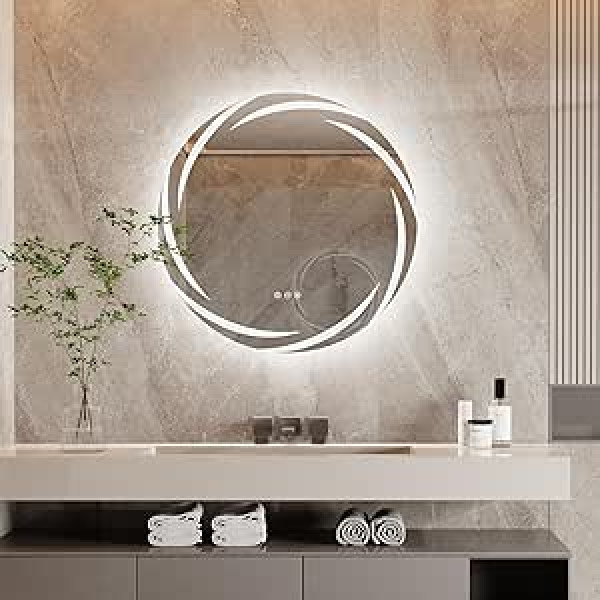LUVODI apaļš spogulis ar apgaismojumu 60 cm LED vannas istabas spogulis ar pieskārienu, pret miglas, 3 gaišas krāsas regulējams, mēness dekoratīvs sienas spogulis vannas istabas spogulis