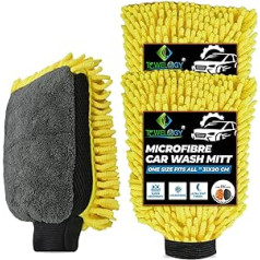 Towelogy® MC0P2 Microfiber Wash Mitt Set of 2 Chenille Noodle Gloves Streak Free Lint Free Car Cleaning Glove Double Sided Machine Washable Yellow Neon