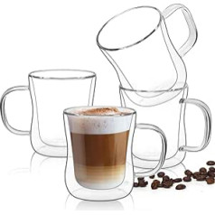 ComSaf dubultsienu Latte Macchiato glāzes 4 x 250 ml, 4 kafijas tasīšu komplekts, stikls izgatavots no borsilikāta stikla, kafijas glāzes tējas glāzes ar rokturi, kafijas glāzes kapučīno, latte, tēja, ledus