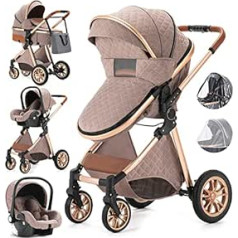 Gcarebb 3-in-1 Pushchair Buggy with Car Baby Seat, Foldable Portable Pushchair Complete Set with Aluminium Frame for Newborns