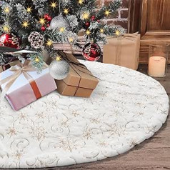 Dremisland Christmas Tree Skirts Large White & Golden Plush Christmas Tree Skirt with Sequins Snowflakes Round Carpet Mat Tree Skirt Christmas Tree Stand for Home Celebration Christmas Tree Decoration