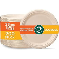 ECO SOUL apaļas 9 collu (23 cm) bagasse papīra šķīvju komplekts bēšs (200 gab.) Vienreizlietojamie galda piederumi un 100% kompostējami, videi draudzīgi ballīšu trauki, izturīgi kempinga trauki, mikroviļņu krāsns un