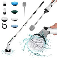 Electric Cleaning Brush for Bathroom and Toilet, Wireless Bathroom Scrubber with 8 Interchangeable Drill Brush Heads, Cleaning Brush for Shower & Toilet with Adjustable Handle (White)