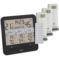 TFA Dostmann termohigrometrs ar 3 raidītājiem Klima@Home2, 30.3075.01, temperatūra/mitrums dzīvojamās un darba zonās, rasas punkts pelējuma novēršanai, komforta zona, melns ar baterijām