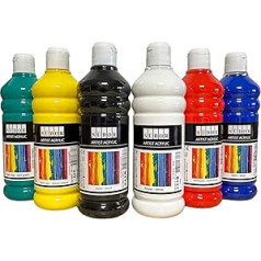 Acrylic Paint Set 6 Colours Each 500 ml High Quality and Opaque Painting Paints for Wood, Stone, Canvas, Painting Cardboard, Paper, Fabric, Leather, Metal, Pouring. All Purpose Paints. Acrylic Base