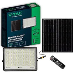 V-TAC LED āra prožektors ar saules paneli, 30 W autonomija 12 stundām, Samsung mikroshēma, IP65-2600 lūmeni, LED projektors ar tālvadības pulti un akumulatoru mājām, dārzam, garāžai — aukstā gaisma