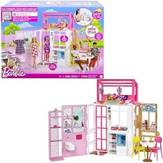Bārbija - Māja ar 4 rotaļu zonām, virtuve, vannas istaba, guļamistaba, ēdamistaba, pilnībā mēbelēts ar Bārbijas mēbelēm, 360° spēle, bez Bārbijas lellēm, dāvana bērniem, rotaļlieta no 3 gadiem, HCD47
