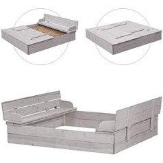 roba Sandpit with Lid, Hinged into 2 Benches, Sandpit with Integrated Cover, Bench with Backrest, Made of Weatherproof Solid Wood, Grey Varnished Wood