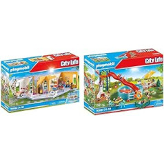 PLAYMOBIL City Life 70986 Dzīvojamās mājas grīdas pagarinājums ar gaismas efektu, rotaļlieta bērniem no 4 gadu vecuma un City Life 70987 Baseina ballīte ar slidkalniņu, ar gaismas efektu, rotaļlieta bērniem no 4 gadu vecuma