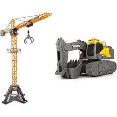 Dickie Toys Mega Crane 201139012 Electric Crane with Remote Control, from 3 Years, 120 cm High, with Grab Arm, Winch, Cabin, Charging Platform & QDKT062056 Volvo Crawler Excavator, 23 cm, Yellow/Grey