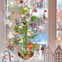 Timelesslong Coloured Christmas Window Stickers Tree Bird Window Sticks Winter Holiday Window Sticker Snowflakes Birds Anti-Collision Glass Door Sticker Decoration Prevent Bird Strikes