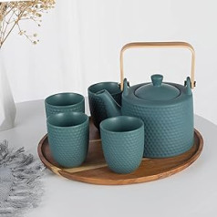 KOPYFANTAP porcelāna tējkanna ar sietiņu, 900 ml zaļās tējas komplekts ar 4 krūzēm 180 ml birstošajai tējai, izgatavots no karstumizturīgas keramikas un bambusa roktura, noņemams