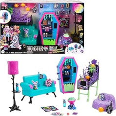 Monster High Student Lounge rotaļu komplekts, leļļu mājas mēbeles un tematiski aksesuāri ar diviem mājdzīvniekiem un strādājošu tirdzniecības automātu