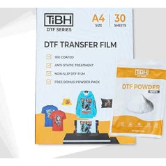 TIBH A4 DTF pārsūtīšanas plēve ar DTF pulveri - 30 loksnes - 8,3 x 11,7 collas tieši plēves papīrs - 100 g pulvera paraugs - dubulta matēta DTF plēve neslīdošai drukāšanai - 10x pārklājums papildu drukāšanai