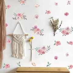 IARTTOP Pink Wall Sticker Flowers, Watercolour Roses Wall Sticker for Girls Bedroom, Peony Roses Wall Sticker for Children's Room, Plants Leaves Flowers Wall Sticker for Living Room Baby Room