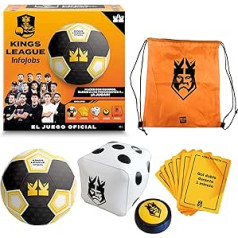 IMC Toys oficiālā Kings League futbola spēles replika Royal Game ietver bumbiņu, kārtis un spiedpogu bērniem vecumā no 6 gadiem