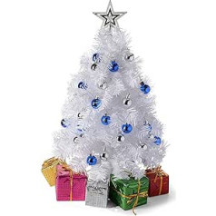 PREXTEX White Tabletop Christmas Tree (Stand) with LED Lights (EU Plug), Star Treetop and 5 Gift Boxes