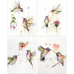 Abstract Birds Hummingbird sienas apdruka Akvareļu kolibri modernās mākslas izdrukas meitenēm bērnudārza viesistabas sienas dekoru komplekts, 4 (8x10 collas) bez rāmja