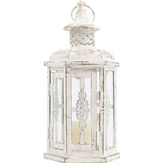 JHY DESIGN Decorative Candle Lantern Vintage Style Hanging Lantern 25 cm High for LED Candles Metal Candle Holder for Indoor Outdoor Events Parities Weddings (White with Gold Brush)