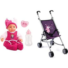 Bayer Design B2894682 9468200 Hello Baby Functional Doll, 46 cm & 30112AA Dolls Buggy, salokāms, ar dubultiem riteņiem, violets