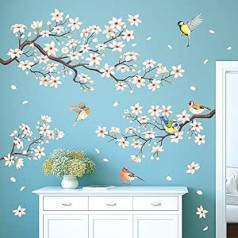 DECOWALL SG2-2304 White Cherry Blossom Branches Flowers Birds Wall Stickers for Bedroom Living Room TV DIY Wall Decor Wall Decor