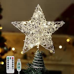 Roylvan Christmas Star, Tree Topper Star ar 8 apgaismojuma režīmiem, USB Ziemassvētku eglītes topper ar taimeri un 20 LED pērlītēm, Ziemassvētku rotājums, izgaismota metāla zvaigzne Ziemassvētku eglītei, Ziemassvētki,