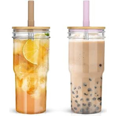 Luxfuel Einmachglas ar breiter Öffnung, 680 ml, ar Bambusdeckel und Strohhalmen, wiederverwendbar, Boba-Teetasse für Smoothie, Eiskaffee, Wasser, Saft/BPA-frei, 2 Stück