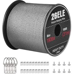 26ELE Picture Wire Hanging 190lbs Heavy Duty Stainless Steel Wire Rope for Hanging Picture Frame, Mirror and Wall Art, Strong Metal Wire, 100 Feet with 20 Crimp Sleeves, 4 D-Rings and 8 Screws