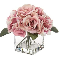 Briful Artificial Flower with Vase Artificial Roses Hydrangea Artificial Roses Flower Arrangement Artificial Plants Decoration in Glass Pot with Artificial Water Wedding Decoration Window Sill Table