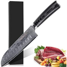 JINPIKER Santoku Damaskas nazis, virtuves nazis, asmens garums 18 cm, 67 slāņi nerūsējošā tērauda Damaskas tērauds, ļoti ass, Damaskas tērauds, rūsas necaurlaidīgs un ergonomisks Pakka koka rokturis