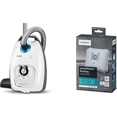 Siemens putekļu sūcējs ar maisiņu Z 7.0 VSZ7442S, ideāli piemērots alerģijām, Hygiene Filter Plus, 650 W, balts un 4x putekļu sūcēju maisiņi PowerProtect Type G Visi VZ41FGALL, 99,9% smalku putekļu filtrs