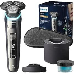 Philips Shaver S9000 — Elektrischer Nass-& Trockenrasierer für Männer, Dunkelchrom, Lift & Cut System, SkinIQ Technologie, Barttrimmers, Reinigungsstation, Ladestation & Reiseetui (Modell S9974/55)