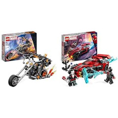 LEGO 76245 Marvel Ghost Rider ar mehānismu un velosipēdu un 76244 Marvel Miles Morales pret Morbius komplektu, Zirnekļcilvēka sacīkšu auto rotaļu auto, ko veidot no piedzīvojumiem Spiderverse ar Spidey mini figūriņām