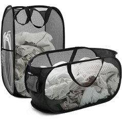 BOSNONA Pop Up Mesh Laundry Basket, 2 Pack Laundry Baskets with Side Pocket, Portable Collapsible Laundry Baskets for Bedroom, Bathroom, Dorm Room (Horizontal + Vertical - Black)