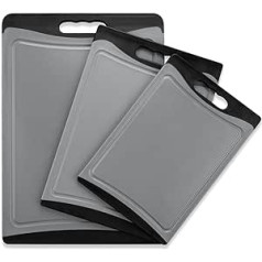 Cibeat Chopping Board Set, Set of 3 Plastic Chopping Board with Juice Grooves and Carry Handle, Kitchen Cutting Board Dishwasher Safe, Grey and Black