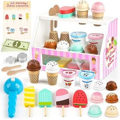 Dreamon Children's Wooden Ice Cream Parlour, 38 Pieces Shop Accessories, Wooden Ice Cream Toy with Play Money Coin, Grocery Shop Children's Role Play Wooden Toy from 3 Years