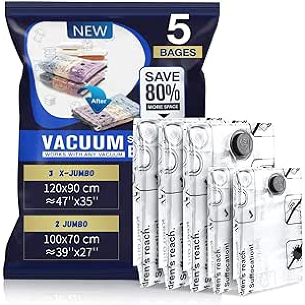 Accenter Pack of 5 Vakuuma maisi apģērbam, Vakuuma maisi apģērbam, Milzīgs izmērs, Vakuuma maisi segām, Vietas taupīšana, Apģērbi, Uzglabāšana 3 x 120 x 90 cm + 2 x 100 x 70 cm